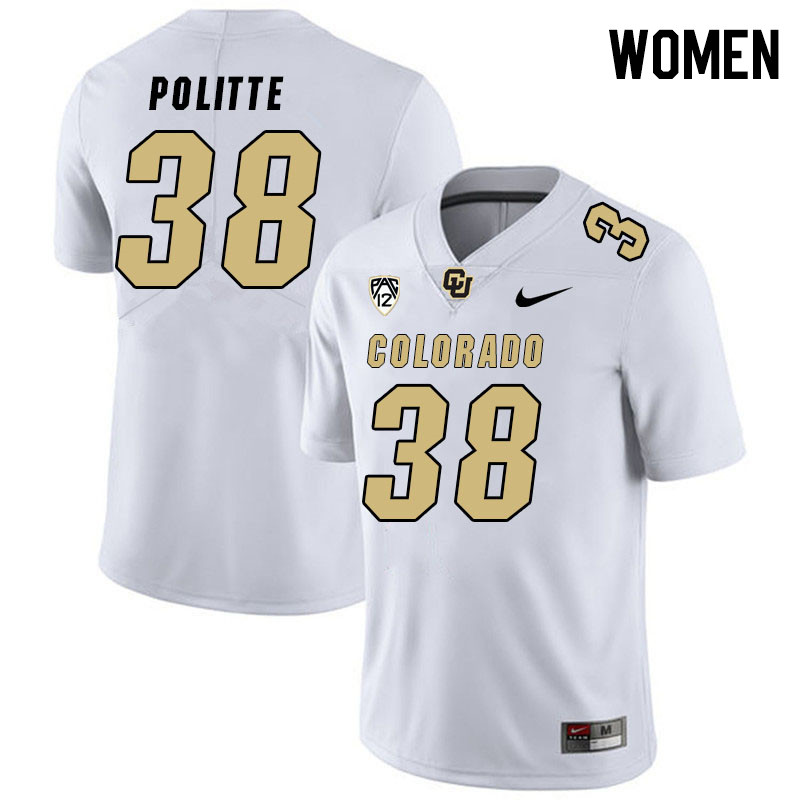 Women #38 Jacob Politte Colorado Buffaloes College Football Jerseys Stitched Sale-White